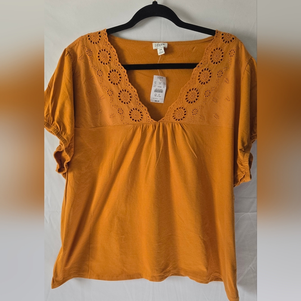 NWT J. Crew Factory Gold V Neck Eyelet Embroidered Puff Short Sleeve Top Size 3X